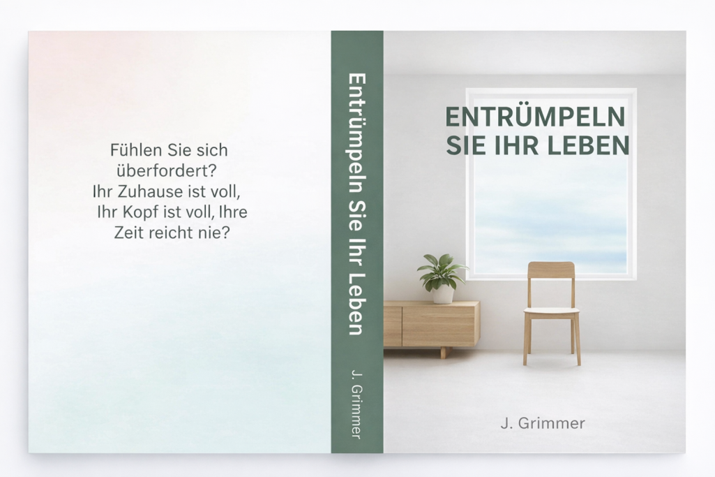 Buchcover mit dem Titel "Entrümpeln Sie Ihr Leben" und einem Stuhl vor einem Fenster.